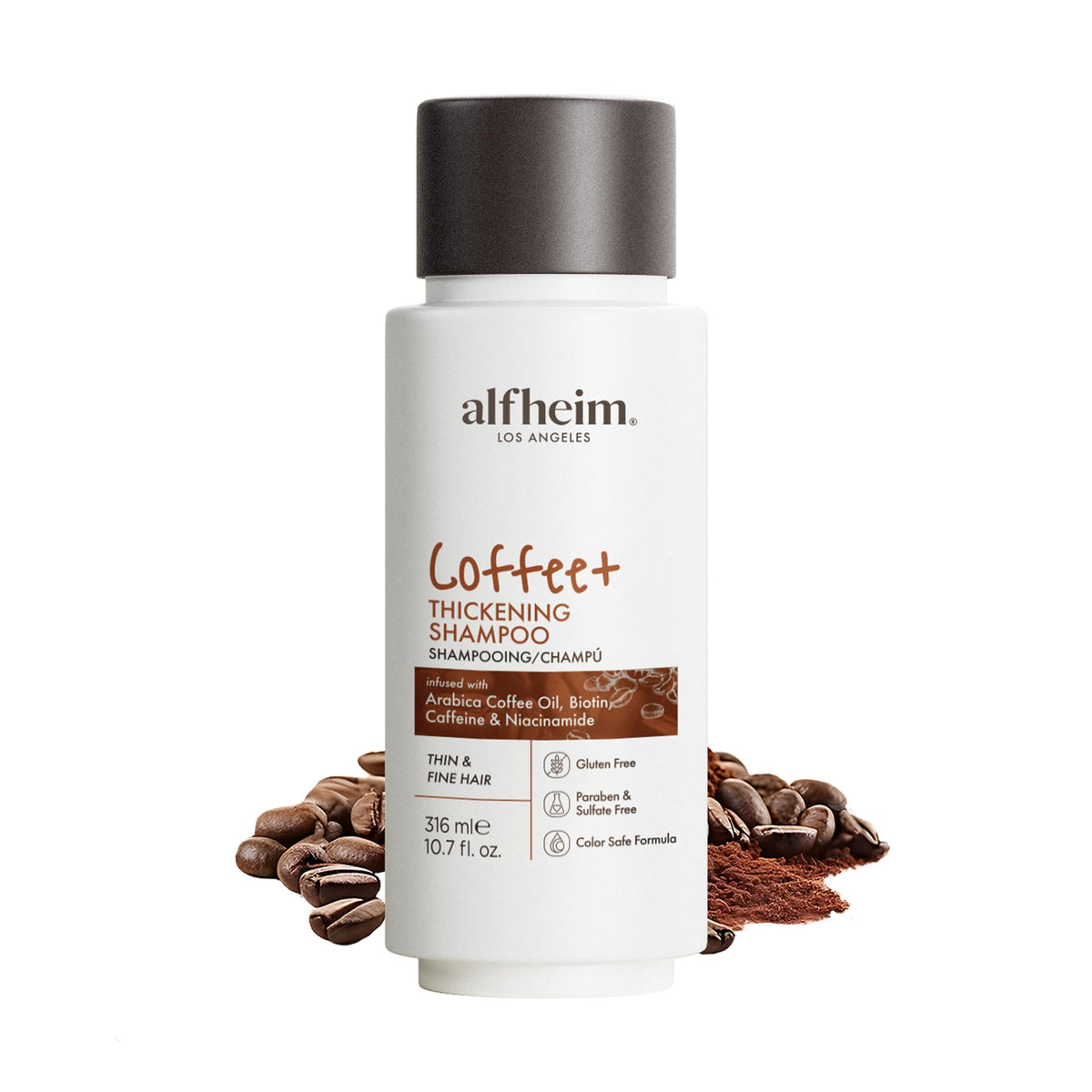 ALFHEIM Coffee+ Shampoo bottle-front view highlighting energizing scalp care and volume