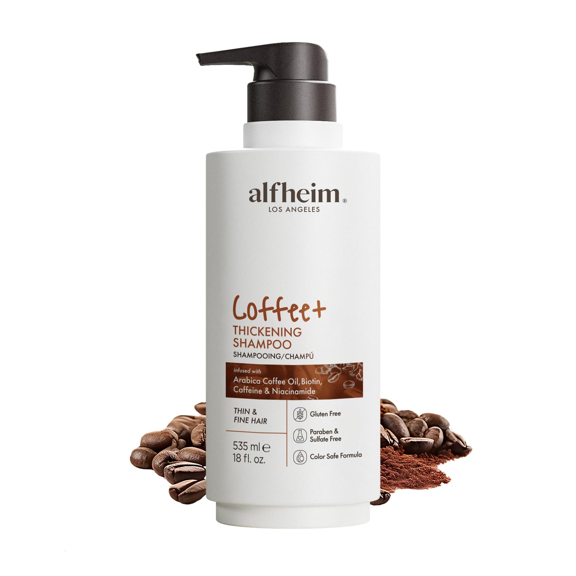ALFHEIM Coffee+ Shampoo bottle promotes fuller-looking hair with caffeine boost.