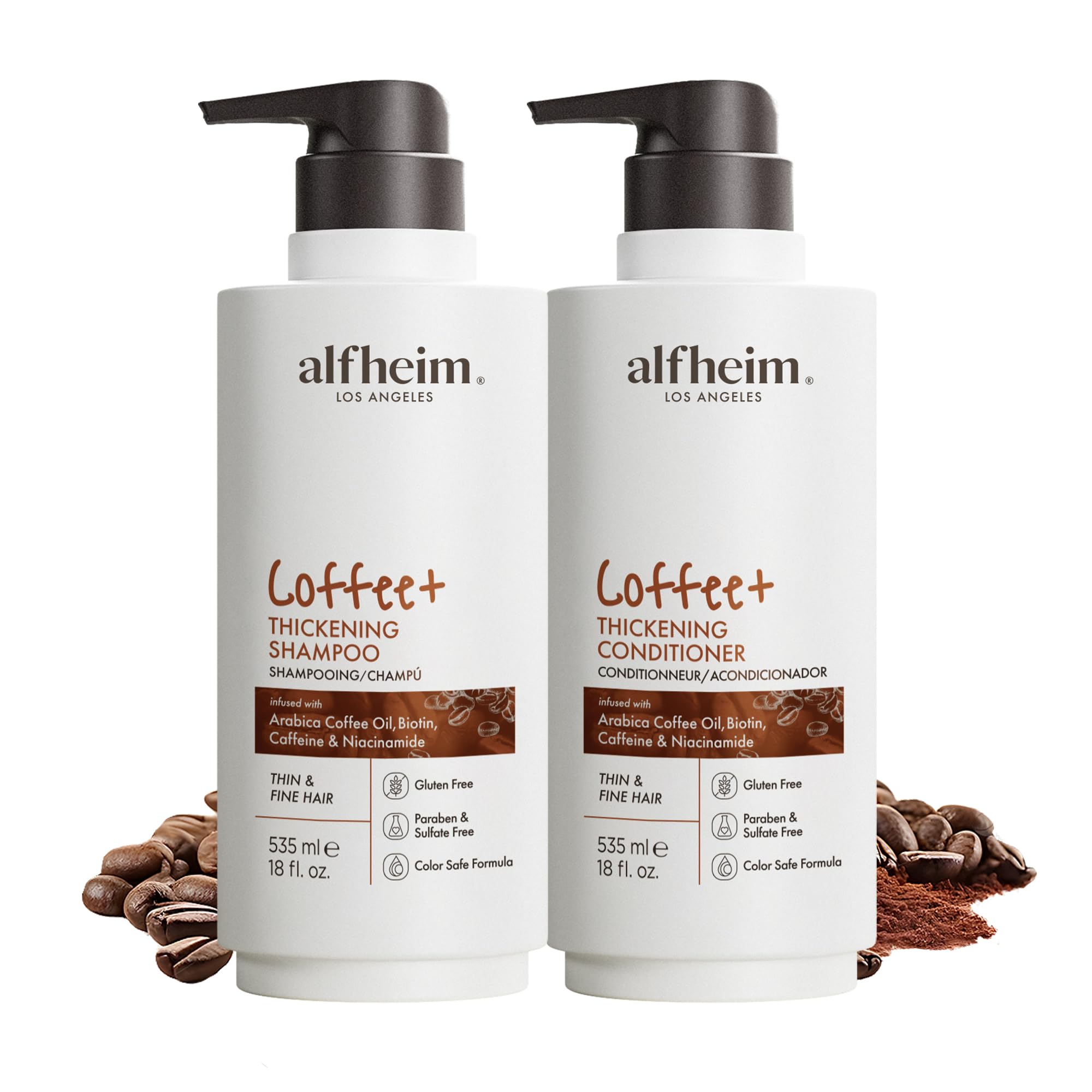 ALFHEIM Coffee+ Shampoo bottle shows volume-boosting lift and scalp energizing formula.