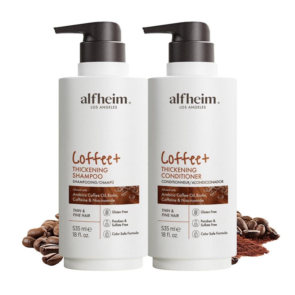 ALFHEIM Coffee+ Shampoo bottle shows volume-boosting lift and scalp energizing formula.