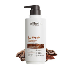ALFHEIM Coffee+ Shampoo bottle promotes fuller-looking hair with caffeine boost.