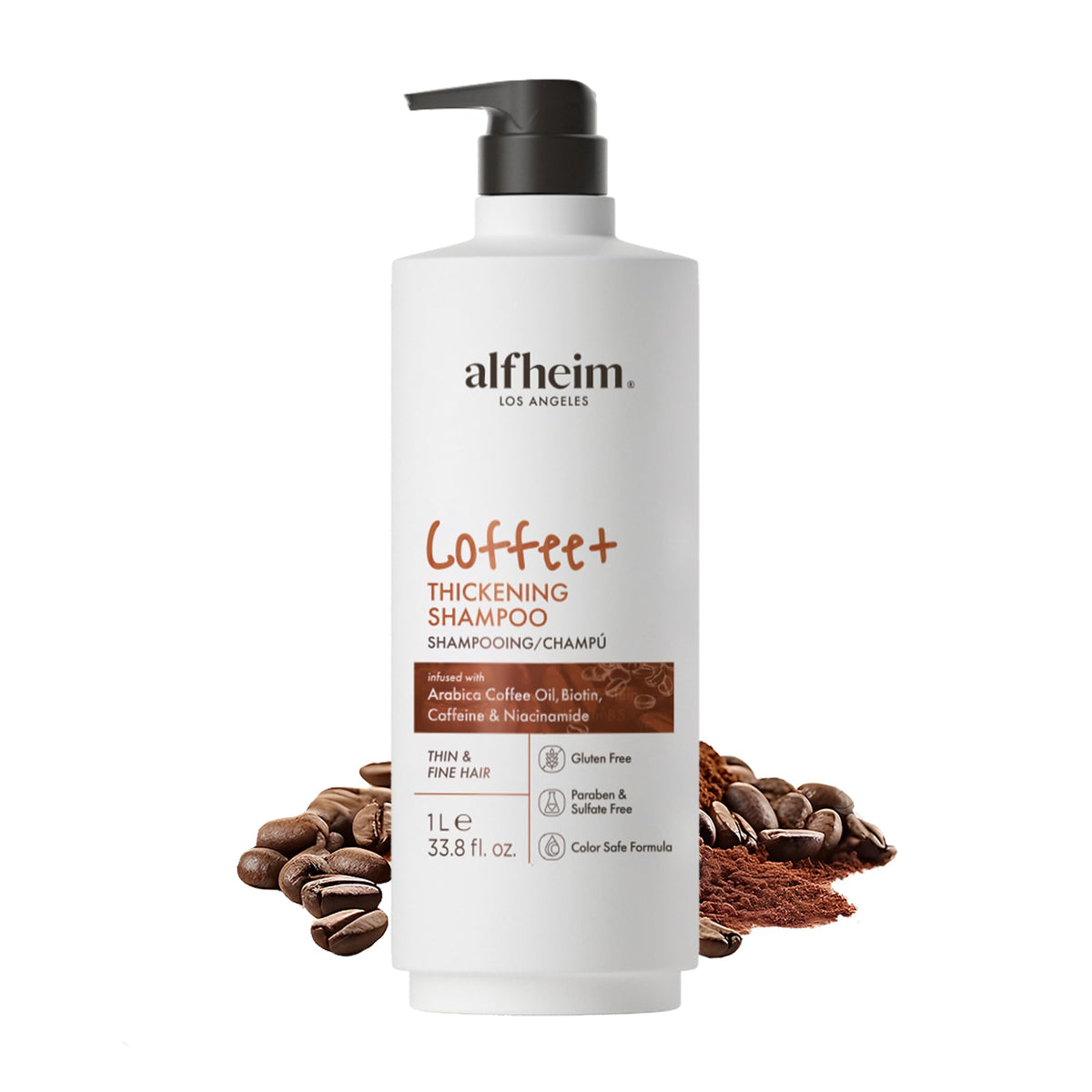 ALFHEIM Coffee+ Thickening Shampoo bottle energizing fine hair.