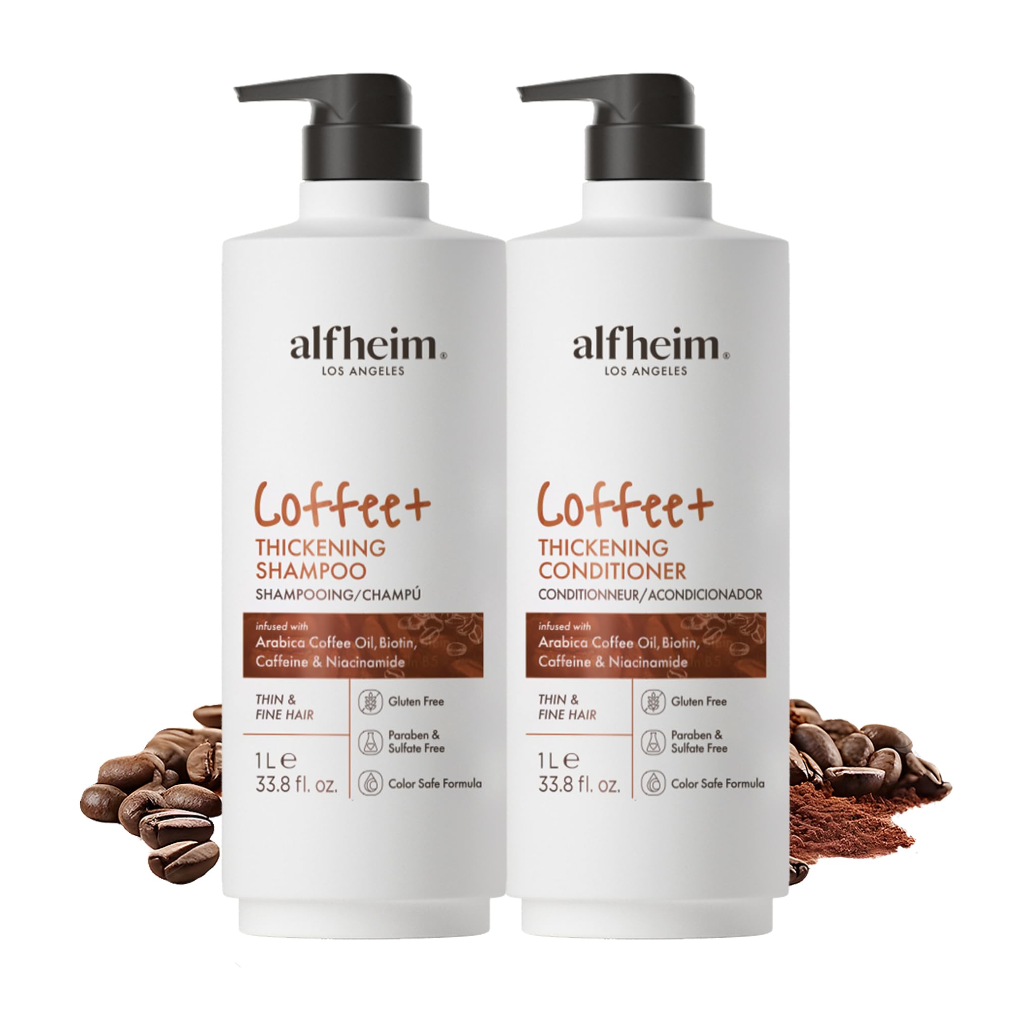 ALFHEIM Coffee Thickening Shampoo bottle promotes root lift and fullness.