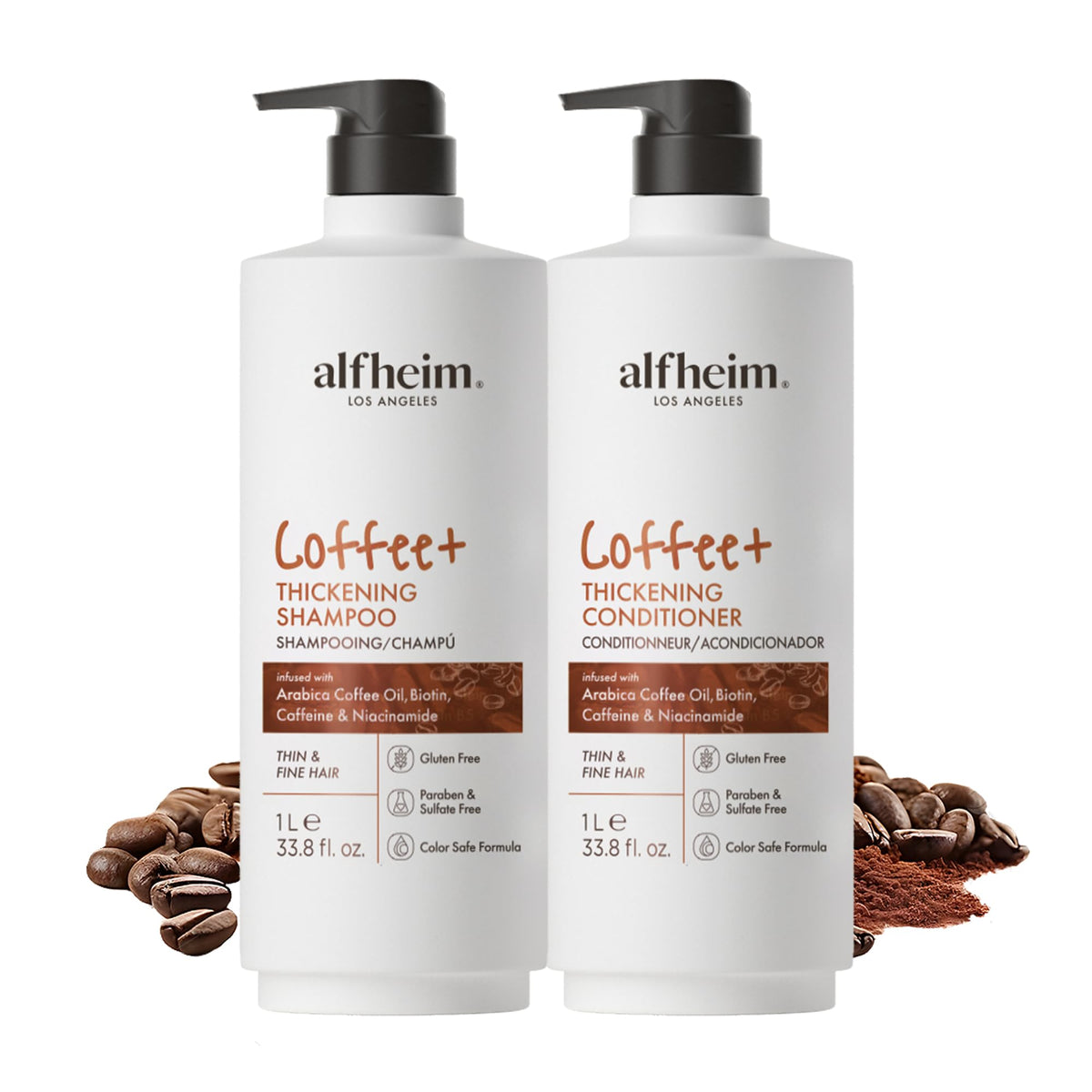 ALFHEIM Coffee Thickening Shampoo bottle promotes root lift and fullness.