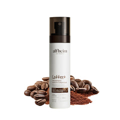 ALFHEIM Coffee+ leave-in spray bottle showing lightweight volume boost for fine hair.