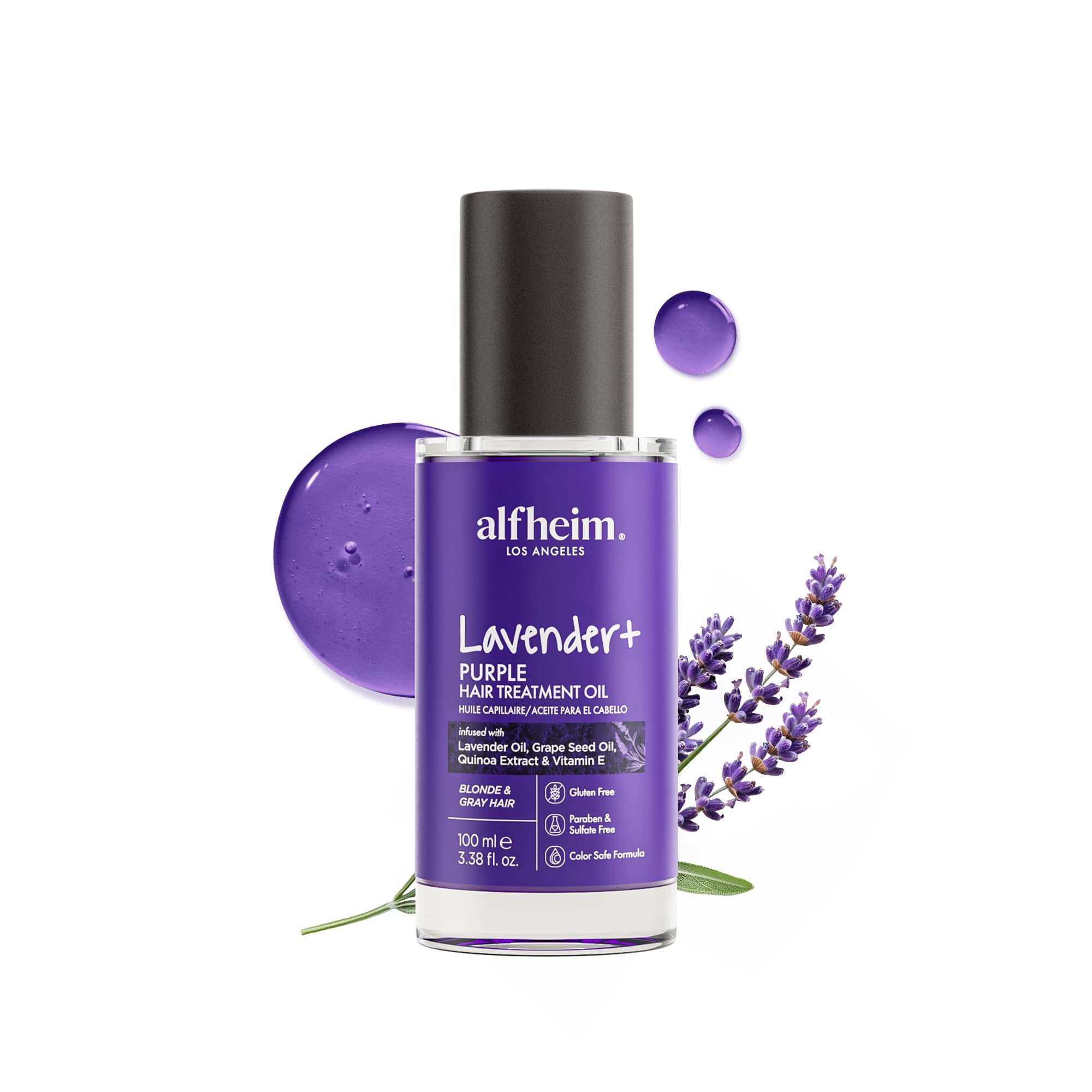 ALFHEIM Lavender+ Hair Oil bottle pour highlighting violet-tinted formula for anti-brass balancing.