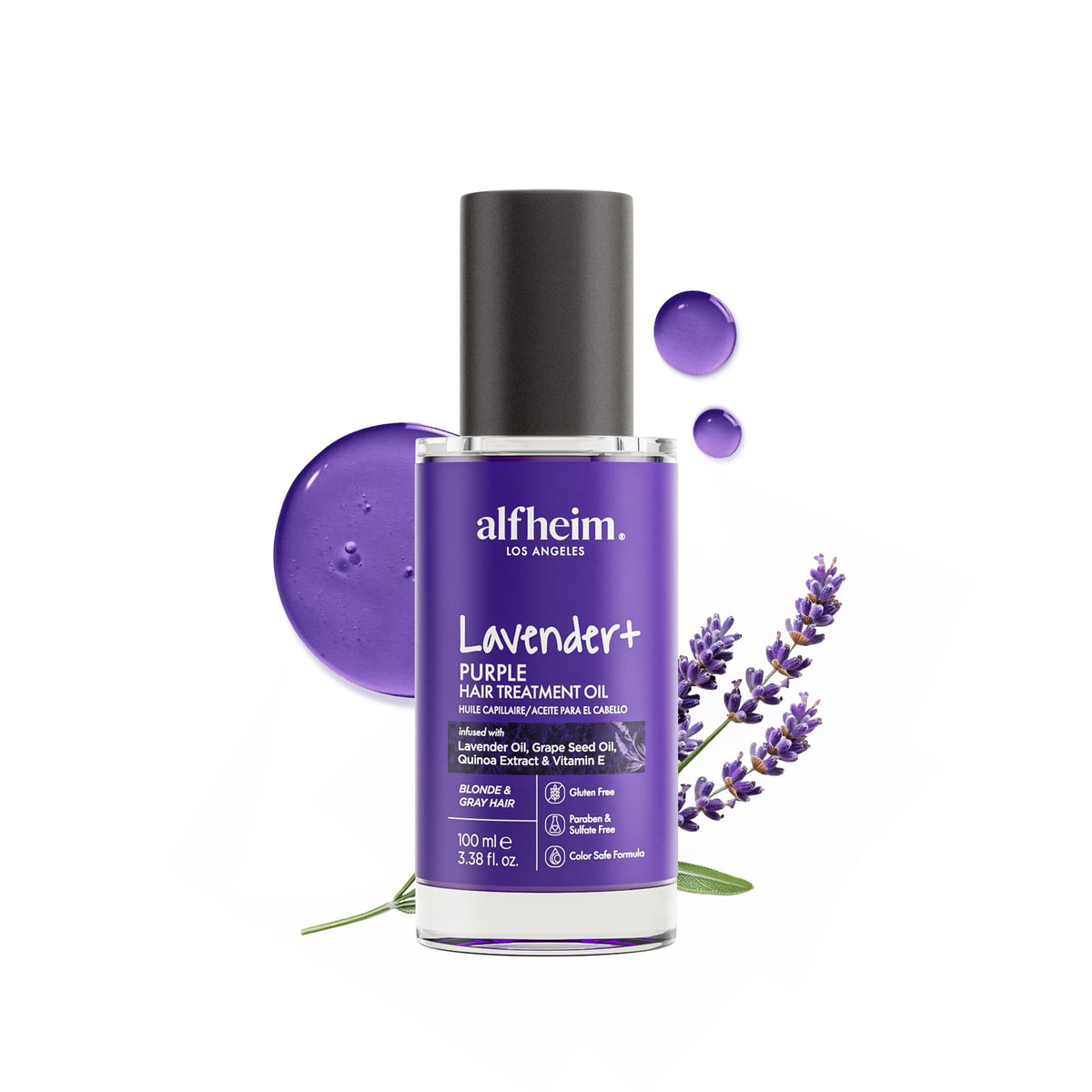 ALFHEIM Lavender+ Hair Oil bottle pour highlighting violet-tinted formula for anti-brass balancing.