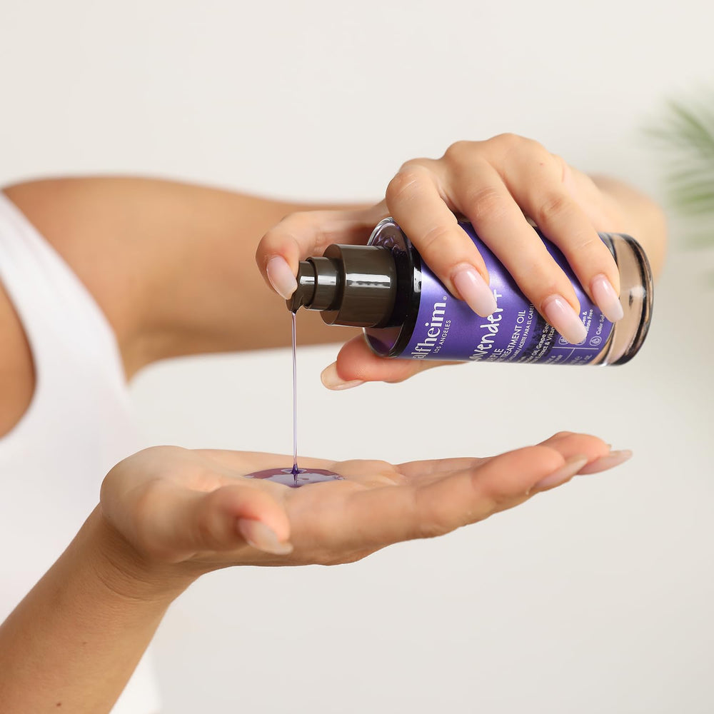 ALFHEIM Lavender+ lightweight formula gliding through strands for smooth, weightless feel.