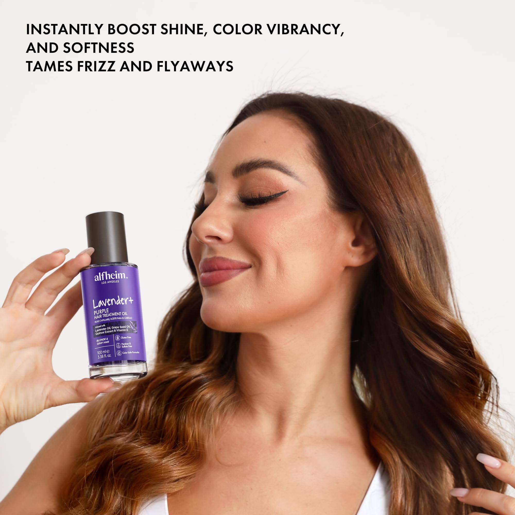 ALFHEIM Lavender+ silky hair texture after use with frizz control and shine.