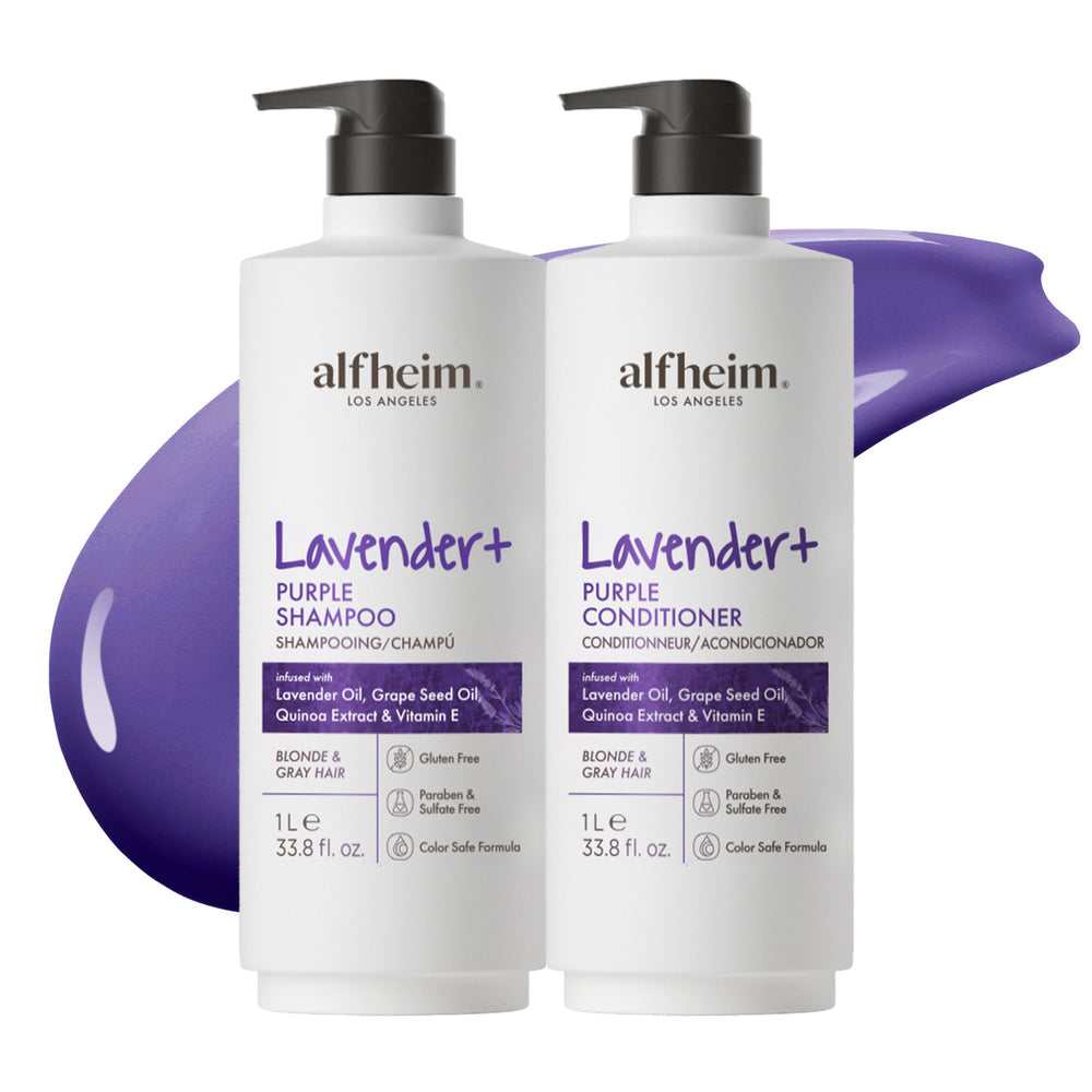 ALFHEIM Lavender+ Purple shampoo bottle demonstrates violet-toned formula for cool blonde maintenance.