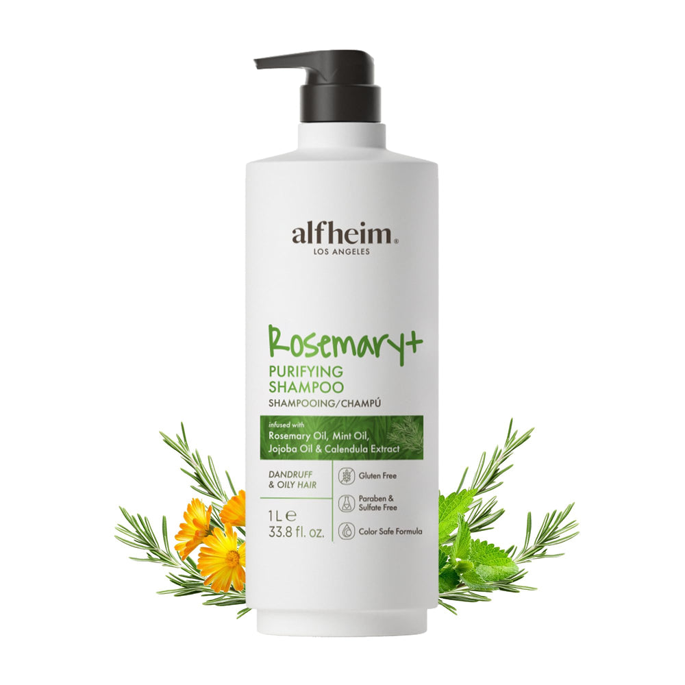 ALFHEIM Rosemary+ Purifying Shampoo bottle demonstrates a clarifying cleanse for oily hair