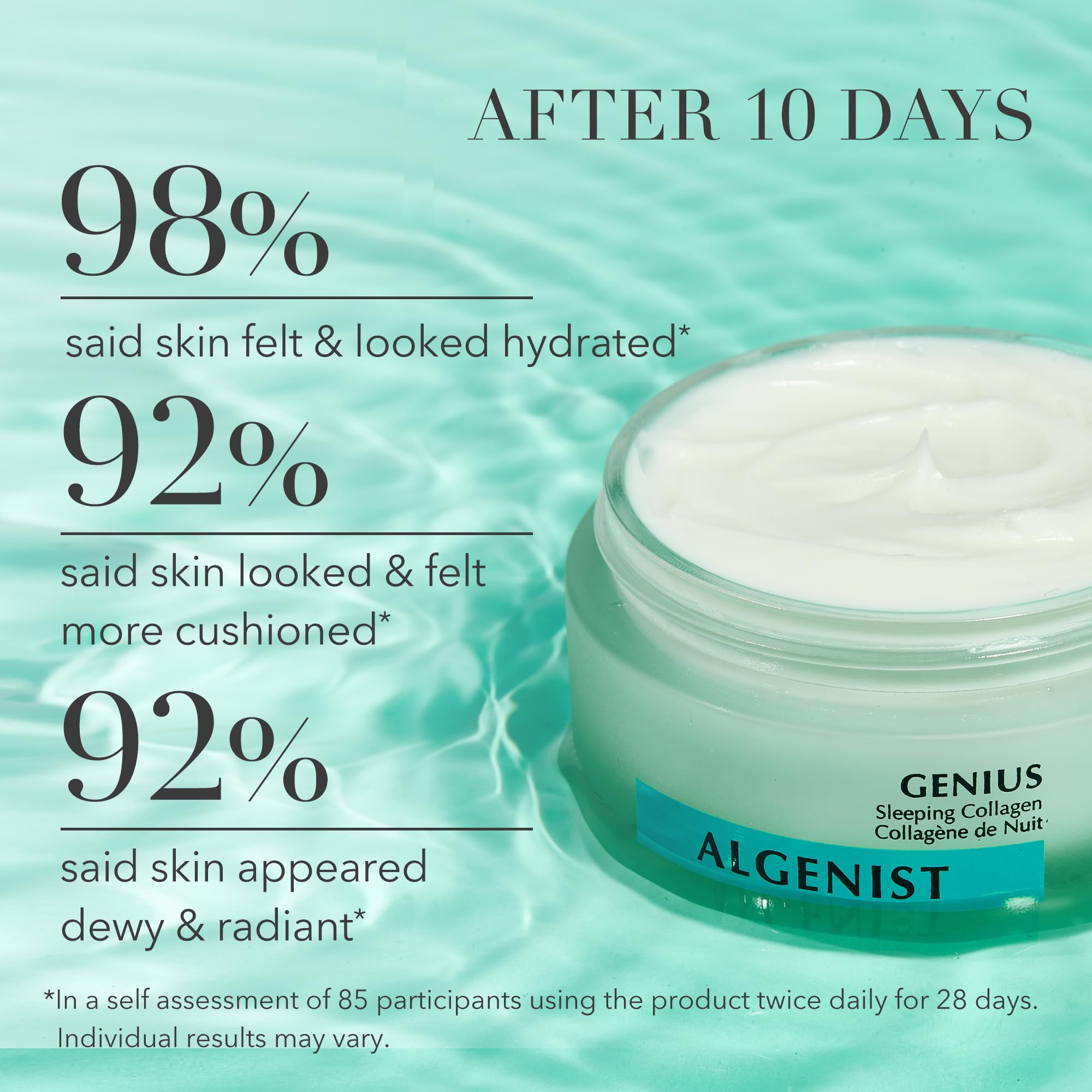 Algenist Genius Sleeping Collagen Night Cream texture shown as rich and creamy for easy spreading.