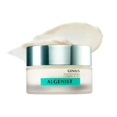 Algenist Genius Sleeping Collagen Night Cream jar close-up for overnight hydration.