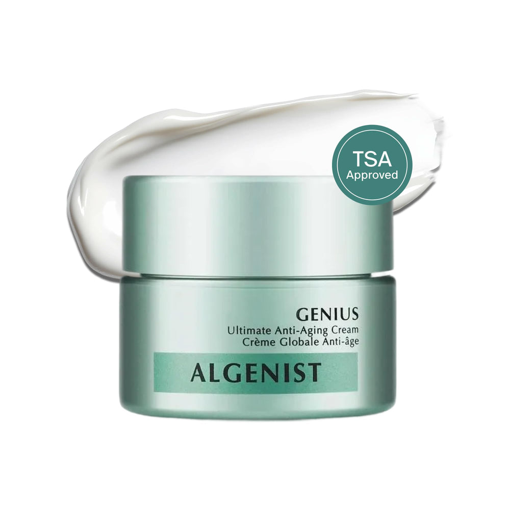 Algenist GENIUS Ultimate Anti-Aging Cream travel jar shows smoothing hydration on the go