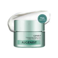 Algenist GENIUS Ultimate Anti-Aging Cream travel jar shows smoothing hydration on the go