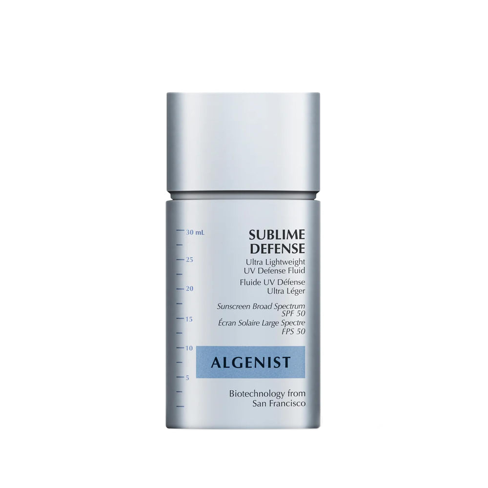 Algenist Sublime Defense bottle close-up showing oil-free SPF50 protection