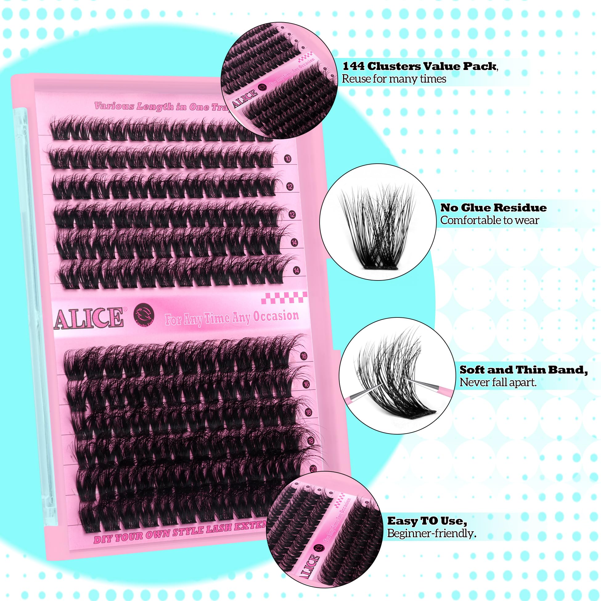 ALICE 144-piece lash clusters kit for quick, customizable styles.