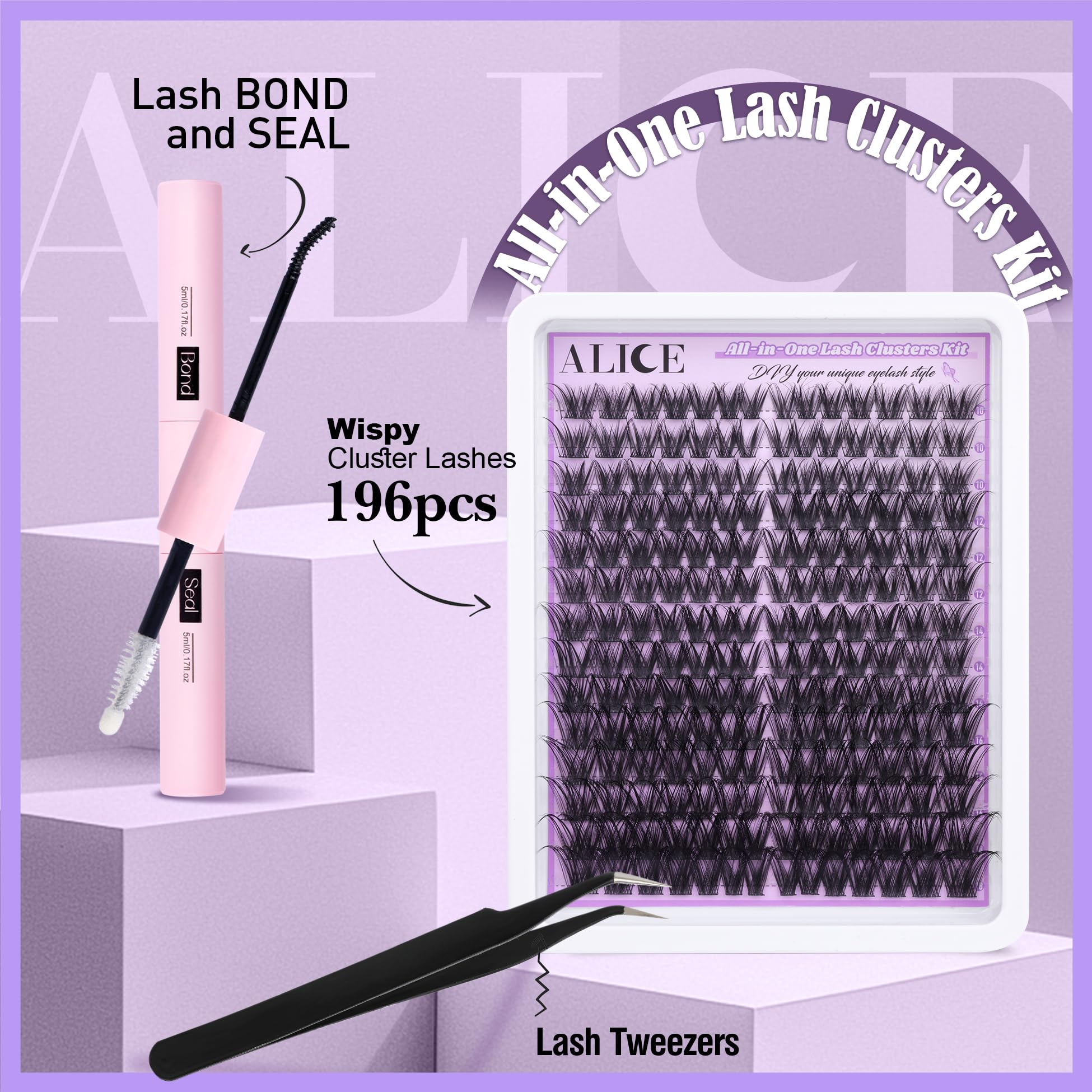 ALICE 10-18mm lash clusters display versatile lengths for natural to wispy looks.