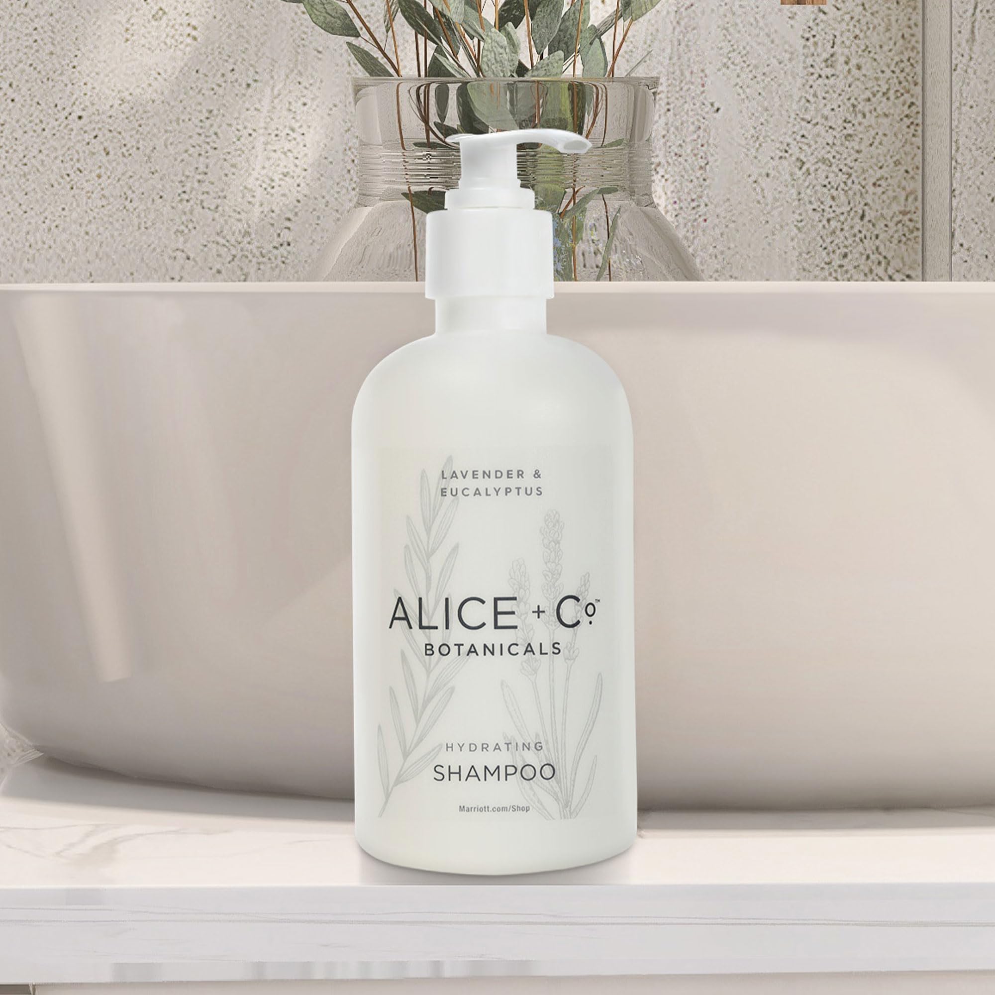 Alice + Co. Lavender & Eucalyptus bathroom display evokes hotel amenity luxury.