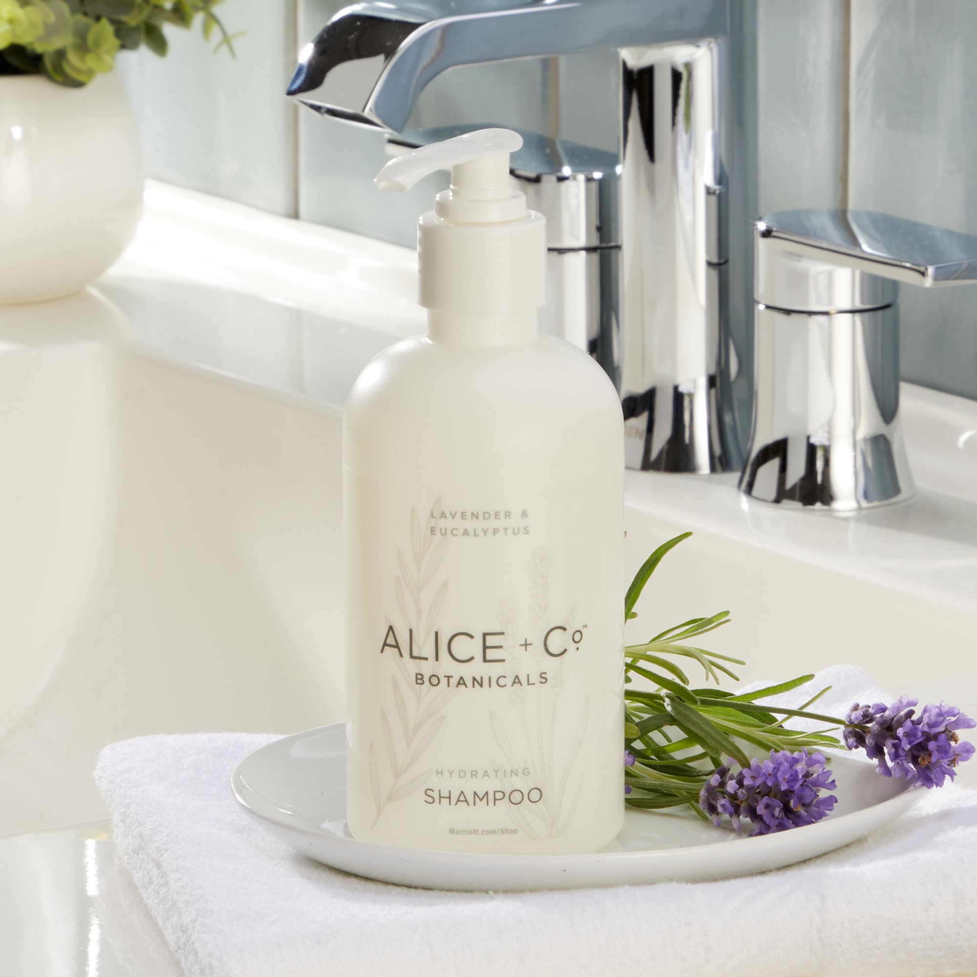 Alice + Co. Lavender & Eucalyptus hair close-up shows hydrated strands.