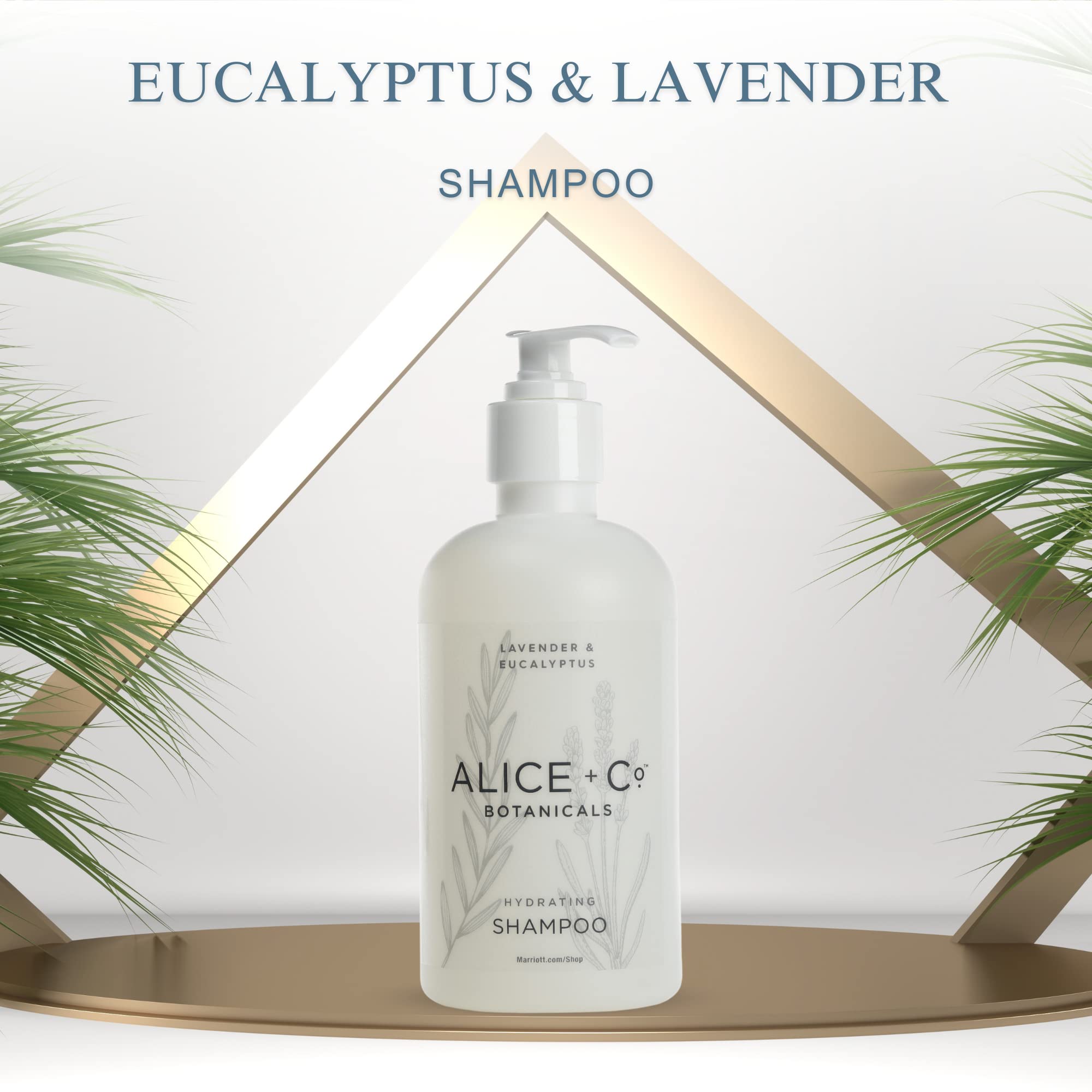 Alice + Co. Lavender & Eucalyptus shampoo pour highlights refreshing aroma.