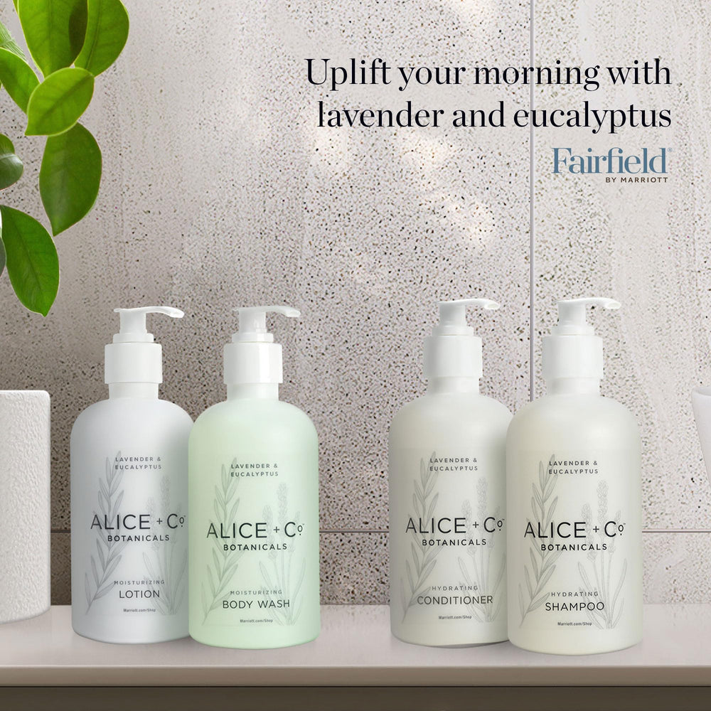 Alice + Co. Lavender & Eucalyptus shampoo bottle ready for shower routine.