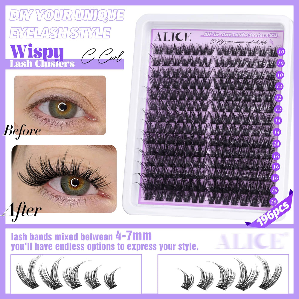 ALICE lash clusters tray shows 196 pieces for customizable lash styles.