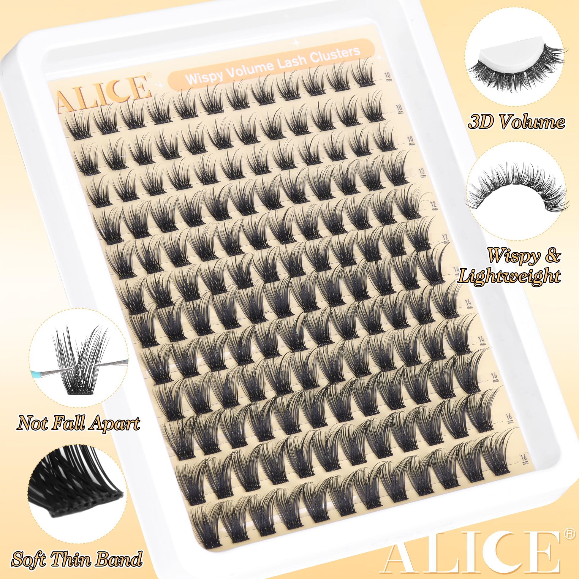 ALICE Lash Clusters 10-16mm image highlights customizable length for subtle or bold looks.