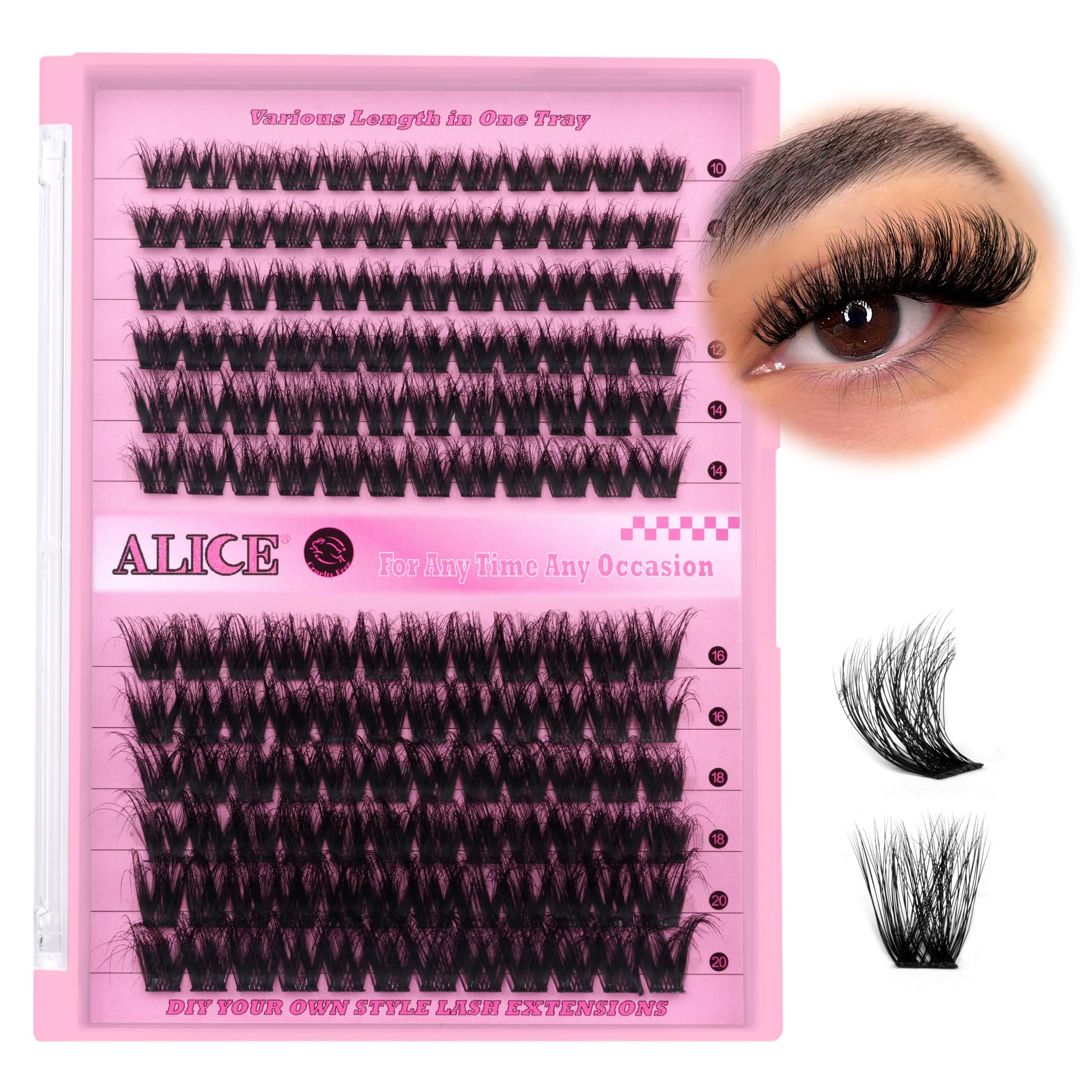 ALICE lash clusters 10-20mm collection for versatile eye looks.