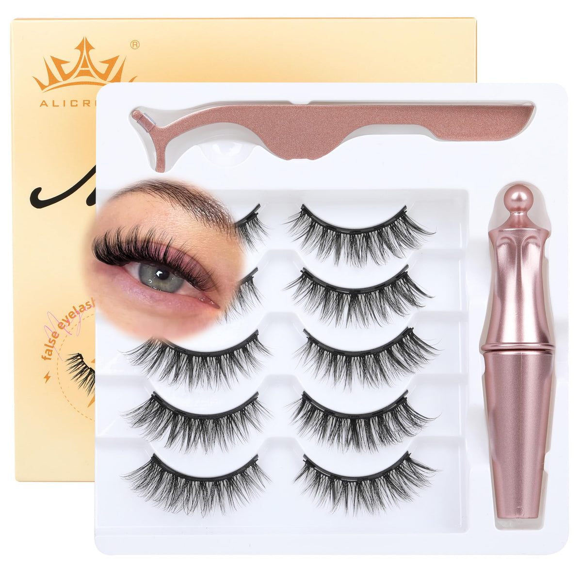 ALICROWN HAIR magnetic eyelash kit assembled for a natural lift with eyeliner.