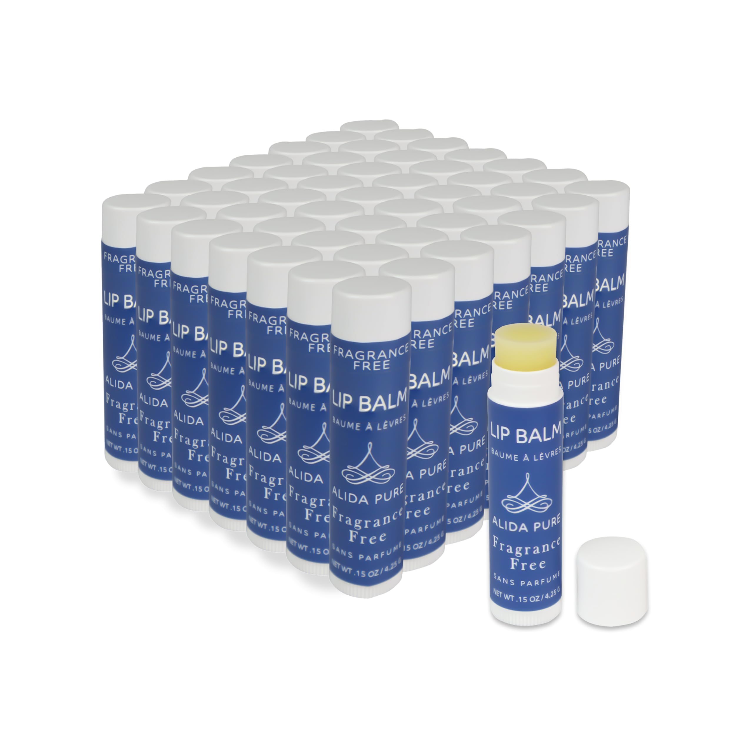 ALIDA PURE fragrance free lip balm packaging highlights vegan, unscented hydration