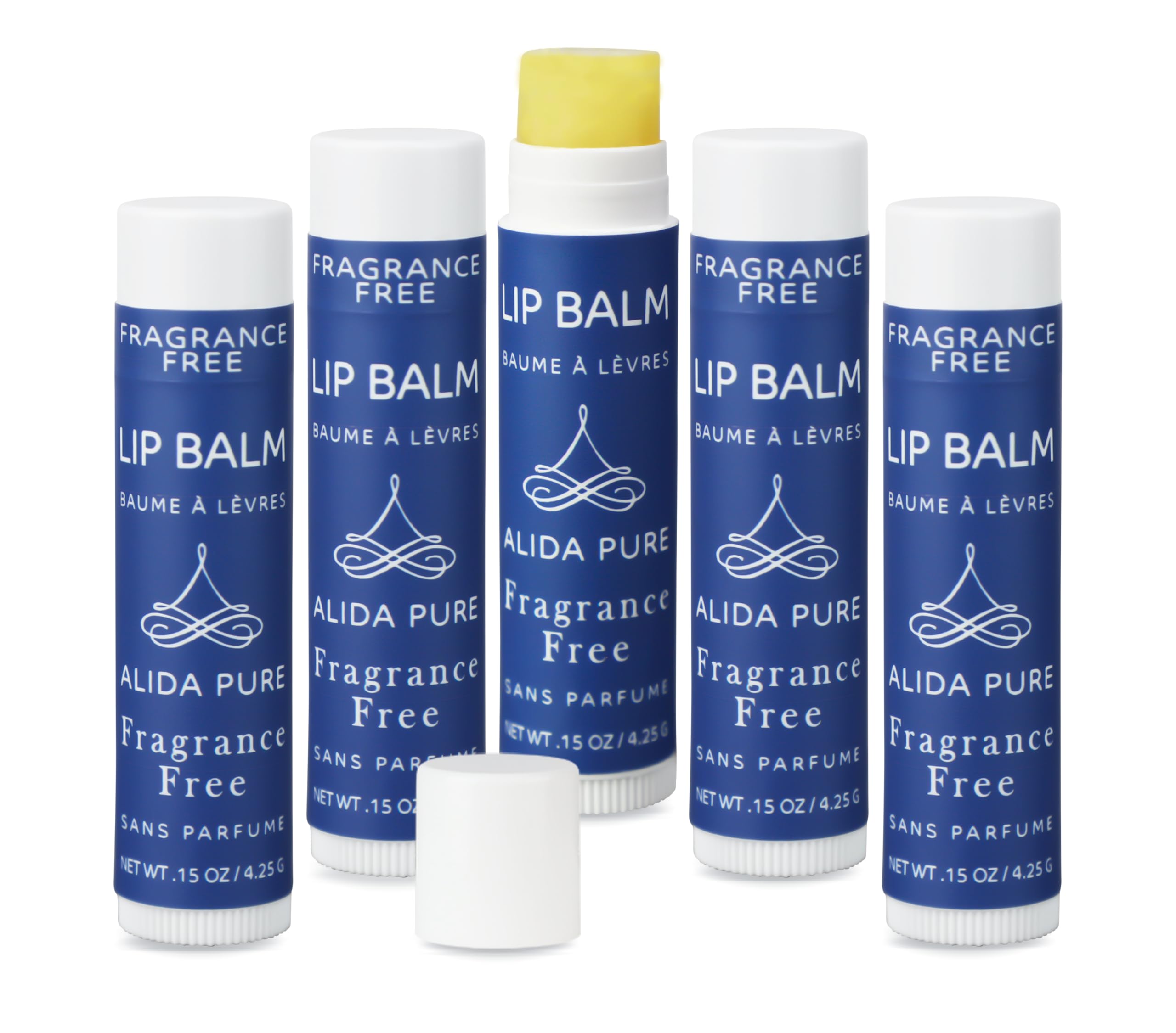 ALIDA PURE fragrance-free lip balm tube packaging shows vegan, beeswax-free design.