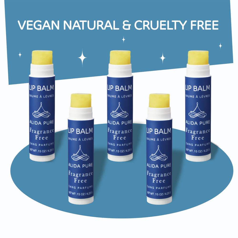 ALIDA PURE vegan lip balm set of five tubes arranged for gifting.