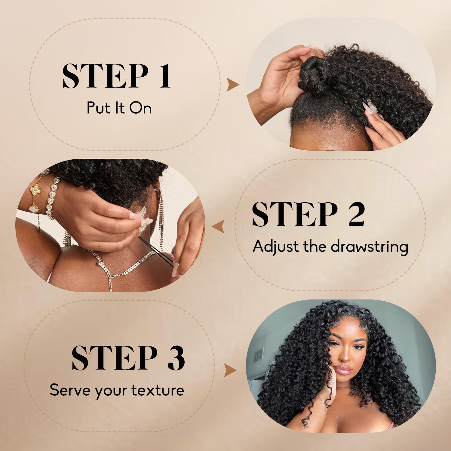 ALIDIDI Super Mini Knots drawstring adjustment enables quick, glue-free styling