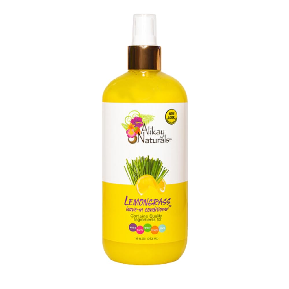Alikay Naturals Lemongrass Leave-In Conditioner bottle pouring to lock in moisture.