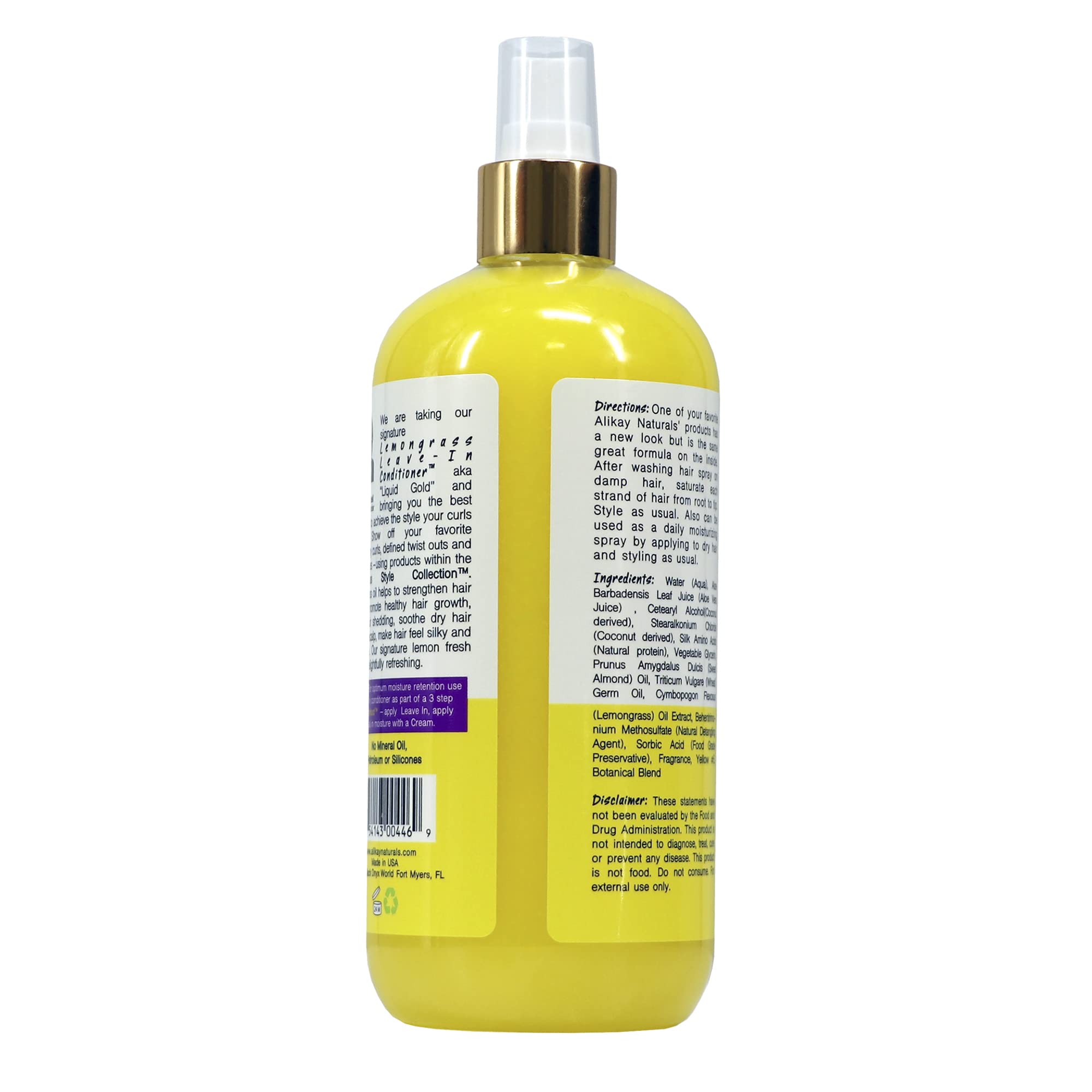 Alikay Naturals Lemongrass Leave-In close-up shows Silk Amino Acids for stronger strands.
