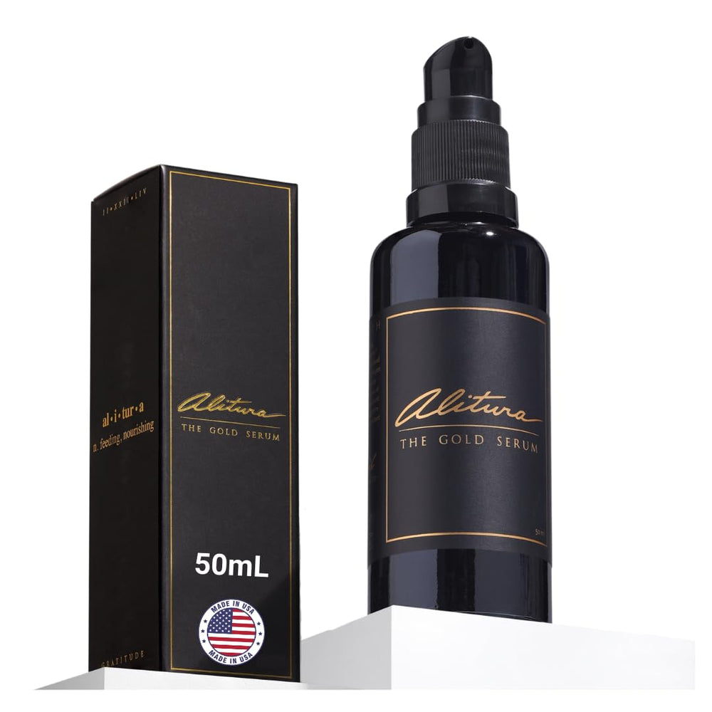 Alitura Gold Serum bottle closeup showing premium packaging for radiant skin.