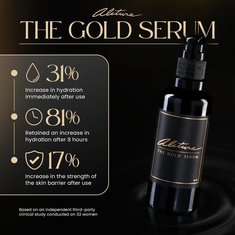 Alitura Gold Serum glass bottle reflection highlights luxury packaging and care.