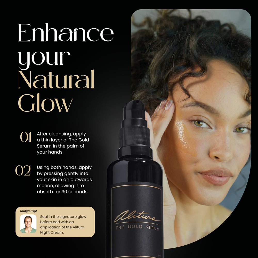 Alitura Gold Serum ingredients scene highlights antioxidants for skin protection.
