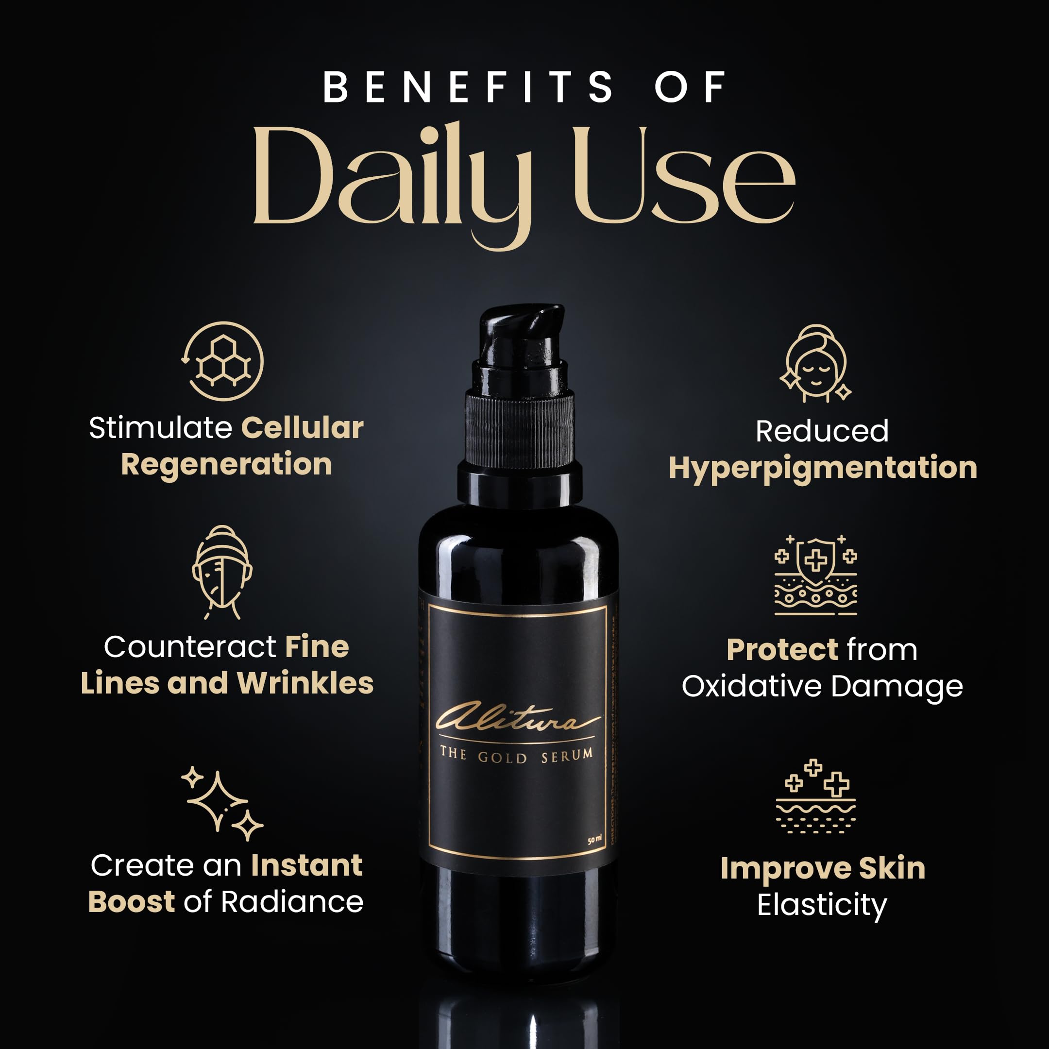 Alitura Gold Serum label detail showcases vitamin A and peptides for renewal.