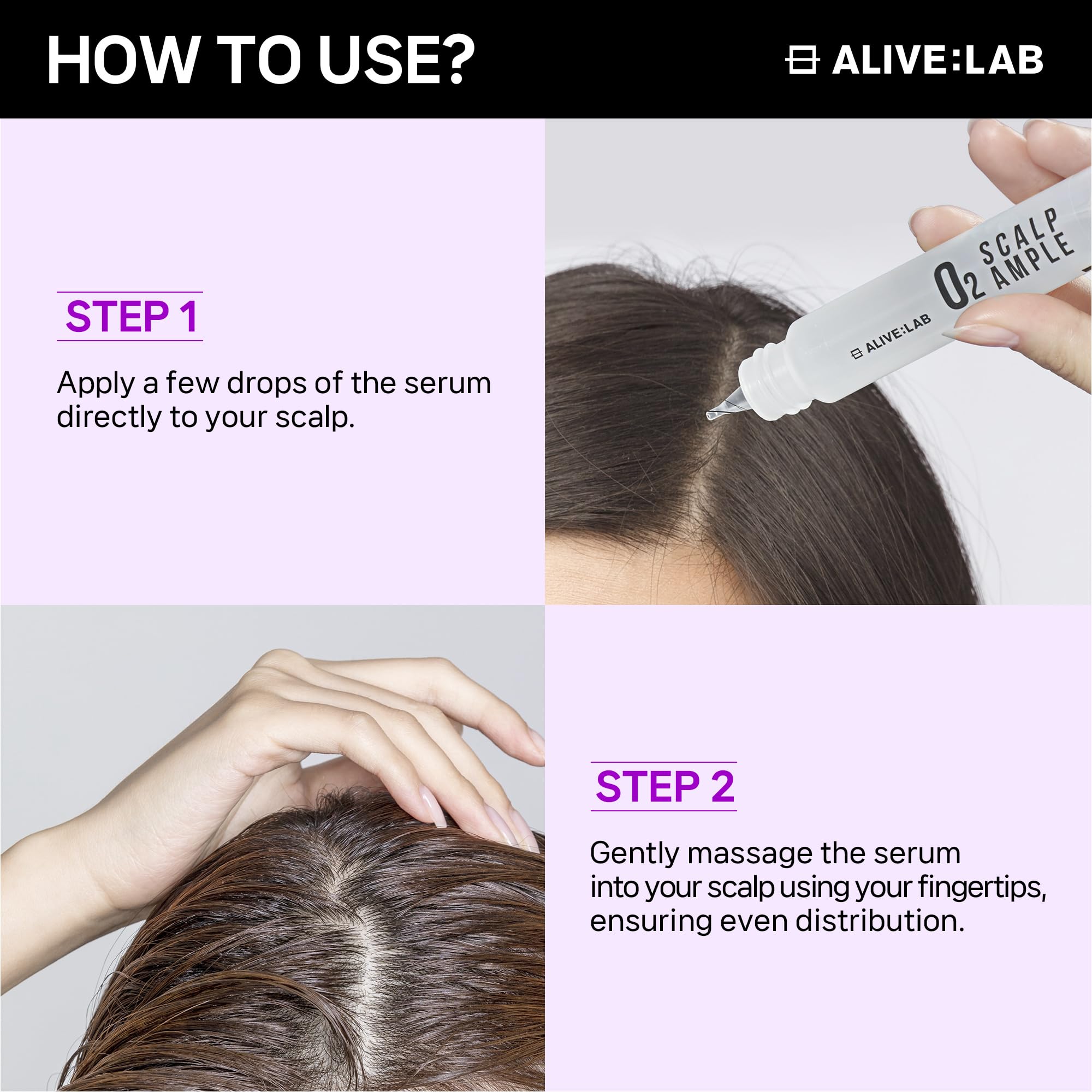 ALIVE:LAB ALIVELAB O2 Targeted itch relief depiction signals comfort for irritated scalps.