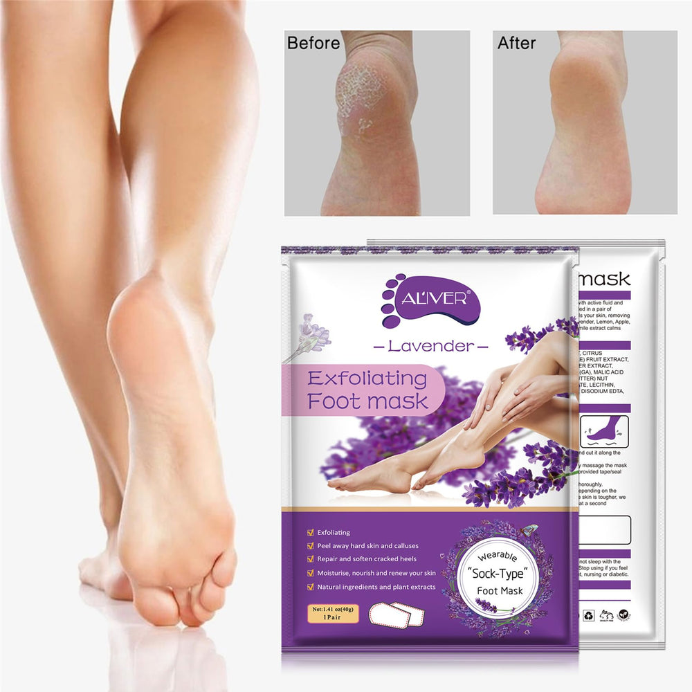 ALIVER Foot Peel Mask 3-pack packaging layout highlights value and design.