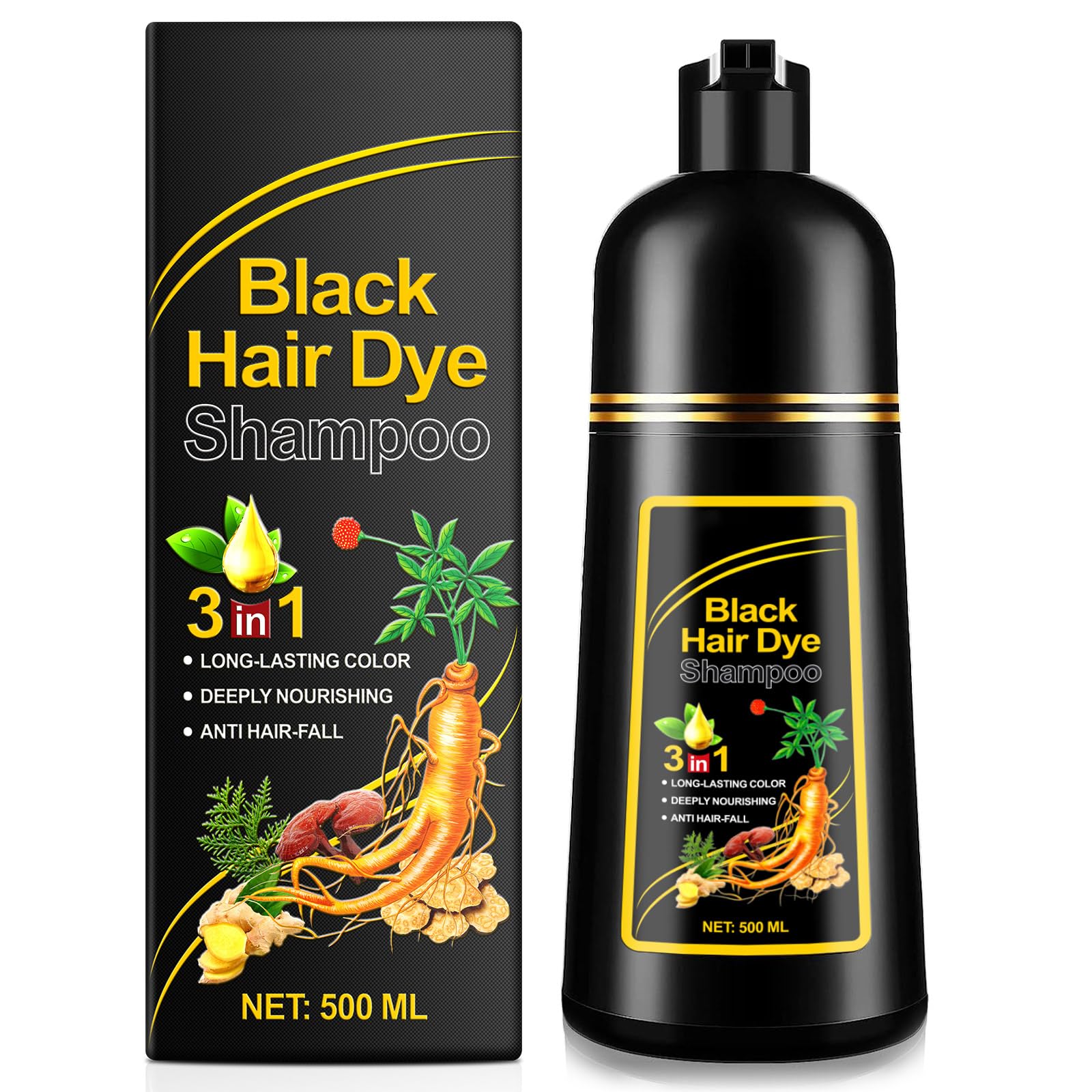 ALIVER Hair Dye Shampoo demonstrates black hair coverage for a refreshed look