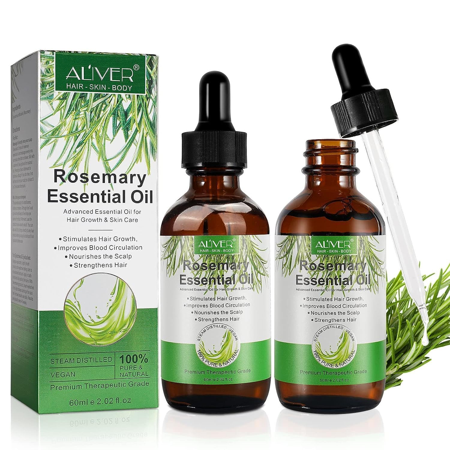 ALIVER Rosemary essential oil bottle two-pack for hair growth and scalp care.