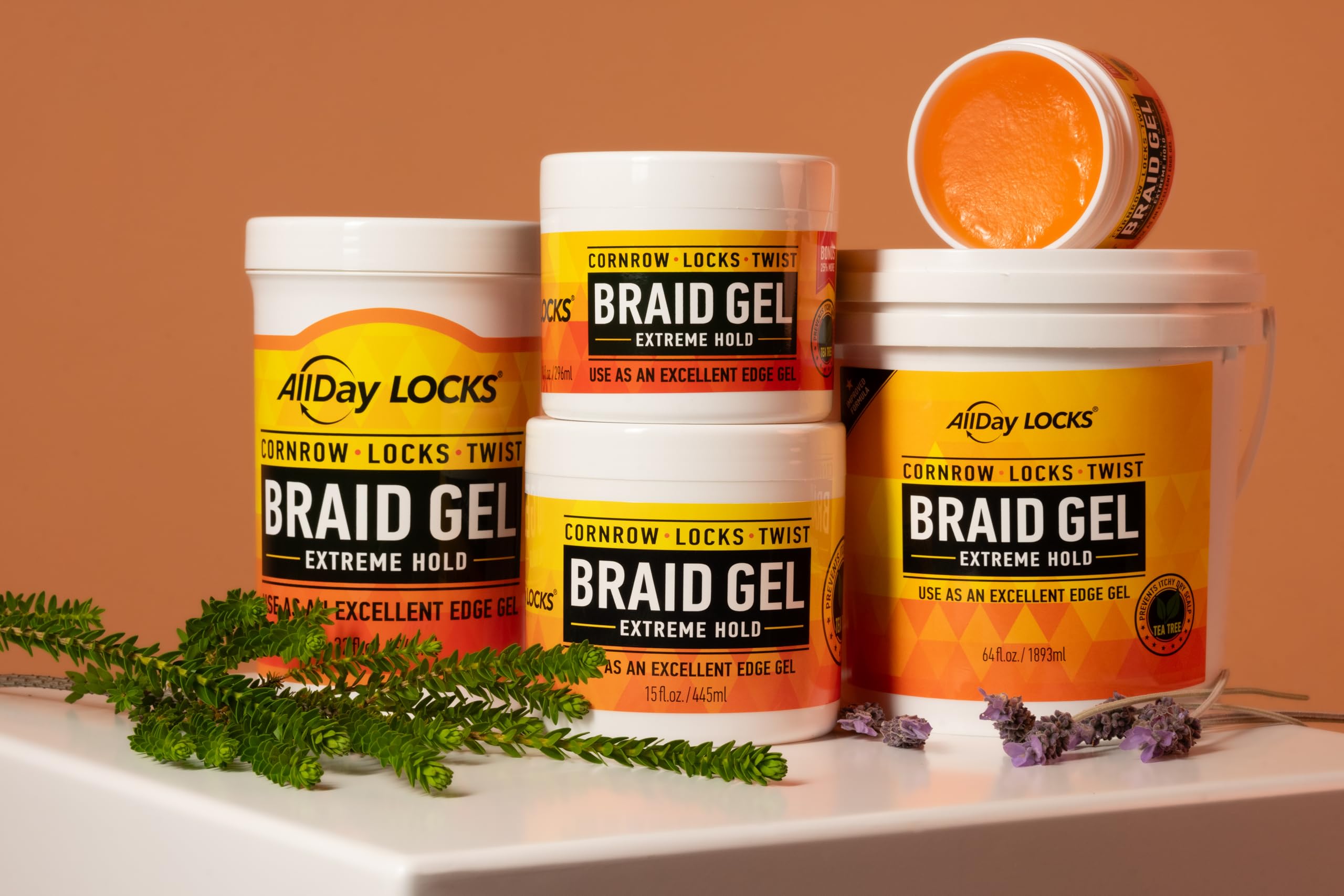 AllDay Locks Braid Gel Extreme Hold jar on shelf implies long-lasting protection for busy days.