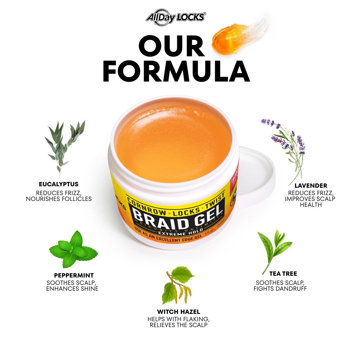 AllDay Locks Braid Gel Extreme Hold packaging display communicates salon-quality care.