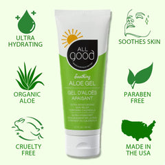 All Good Aloe Gel jar for post-sun hydration with plant-based ingredients.