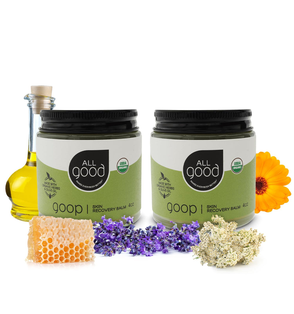 All Good Goop Recovery Balm jar close-up showing calendula and lavender for soothing skin.