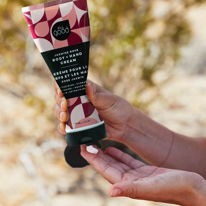 All Good Jasmine Rose lotion swatch reveals velvety finish on skin.