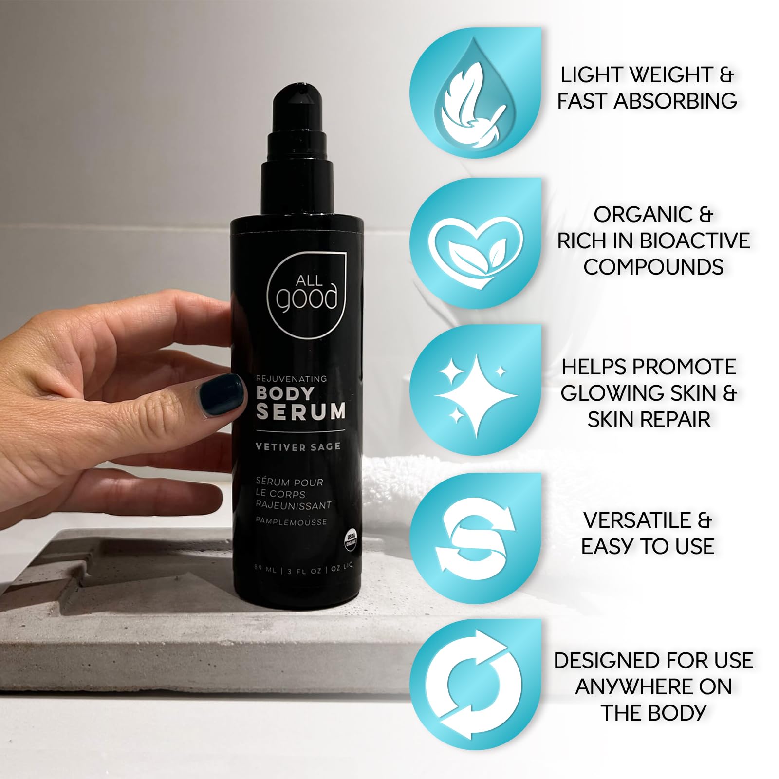 All Good Rejuvenating Body Serum calendula oil blend nourishes skin with botanical richness.